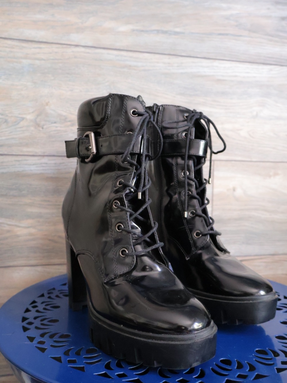 Black High-Gloss Platform Lace-Up Ankle Boots